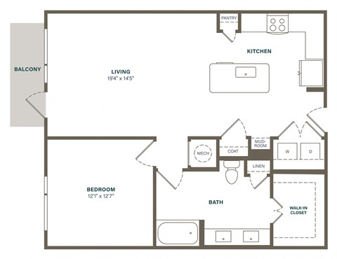 Floor plan for 1 bed, 1 bath, 924 sqft